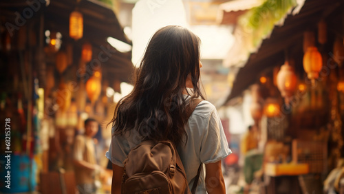 Young female tourist stands in front of cultural attractions in Asia