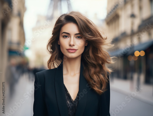 Portrait of beautiful french woman wearing a black suit in front of Paris city street on the background