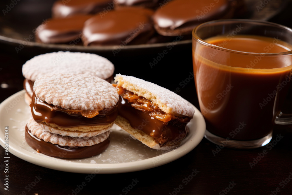 Cup of coffee and cookies with chocolate on a white plate. Cup of coffee and cookies with chocolate on a white plate.