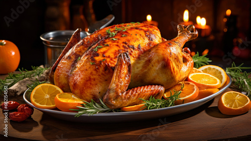 Roasted chicken with orange and rosemary on a wooden table.