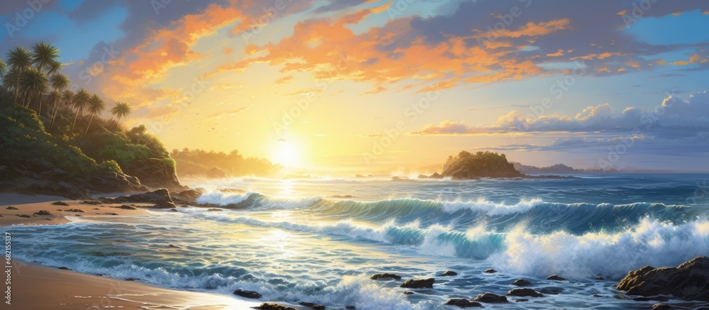 As the sun rises on a beautiful summer morning, painting the sky and sea with hues of blue and orange, the waves crash upon the sandy beach, inviting travelers to explore the stunning landscape and
