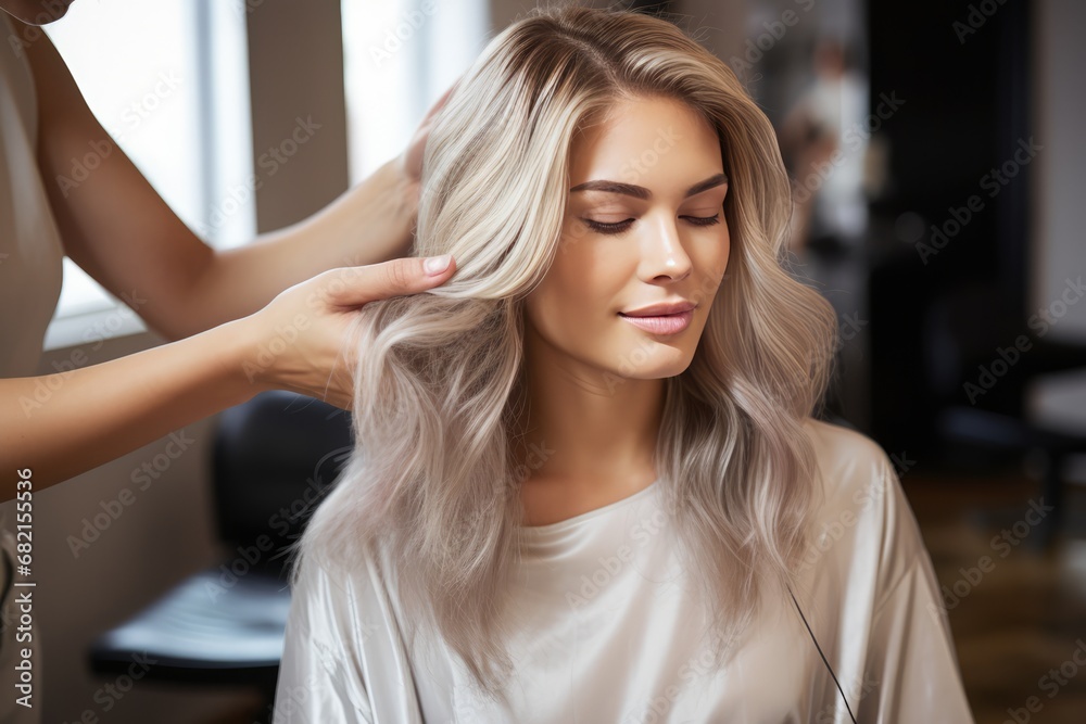 Fototapeta premium Blonde Model Getting New Haircut And Dye In Salon. Сoncept Hair Transformation, Salon Makeover, Blonde Ambition, Stylish Haircut, Trendy Hair Dye