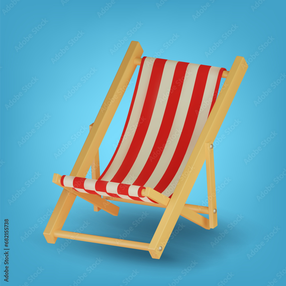 3d vector striped beach chair. Illustration icon of sun bed for sunbathing on the beach.