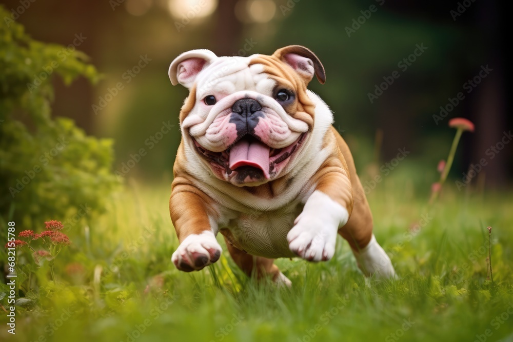 Chubby Brown English Bulldog Runs On Green Grass