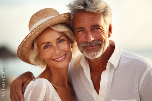 Caucasian Couple Smiling On Luxurious Vacation Travel Concept. Сoncept Beachside Sunset, Tropical Paradise, Romantic Getaway, Luxury Resort, Couples Retreat © Anastasiia