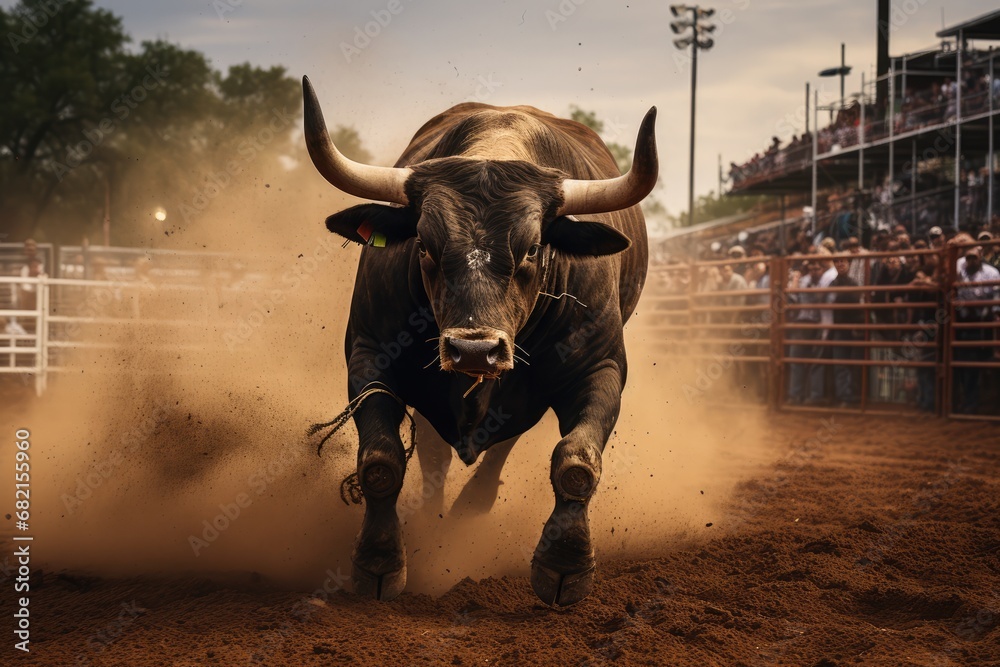 Country Rodeos Dusty Arena With Bucking Bull Riding - obrazy, fototapety, plakaty 