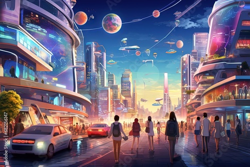 AI-Powered Future: Illustration of a world where advanced AI systems enhance daily life, showcasing smart homes, self-driving cars, and innovative technology photo