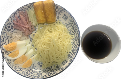 Home cooked Zaru ramen, Japanese cool noodle with boiled egg ham vegetable and grilled sweet egg, tamagoyaki, with soy sauce isolated  photo