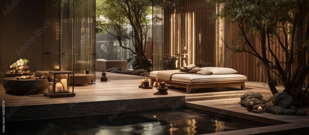 In the serene interior of the spa, the soft light filtered through the wooden decorations, creating a warm ambiance that radiated wellness and relaxation to all the guests seeking a healthy lifestyle
