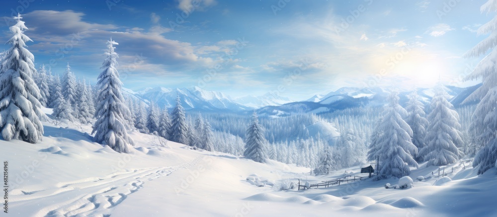 Obraz premium As he embarked on his travel journey through the winter landscape, his eyes were met with a breathtaking sight of snow-covered trees, a blue sky, and sun's rays glistening on the white mountains and