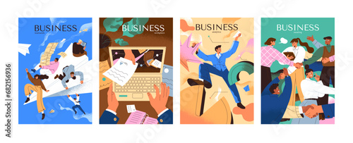 Business people poster. Teamwork in project. Employee works on workplace, take online offer. Marketing analysis. Businessman team, community meeting, communicate, brainstorm. Flat vector illustration