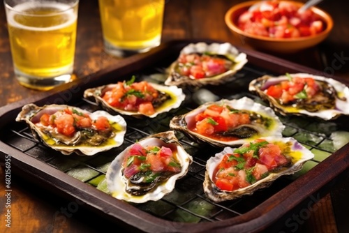 grilled oysters presented on a slate serving platter