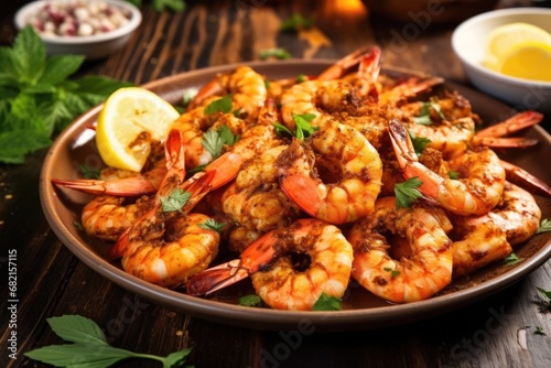 bbq spiced shrimp with herbs and spices scattered around