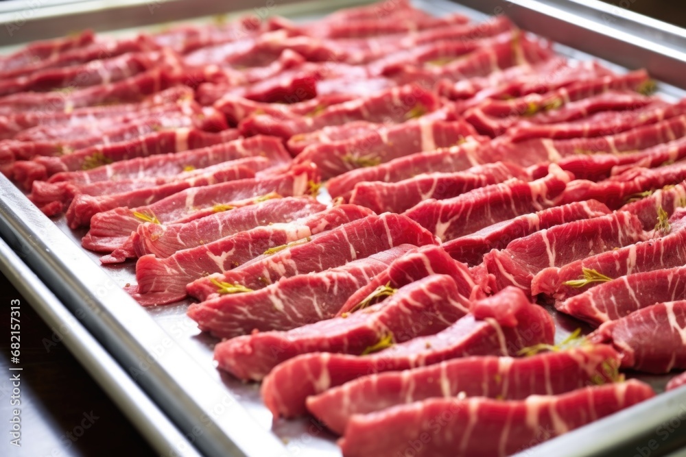 rows of beef slices arranged on a stainless steel tray