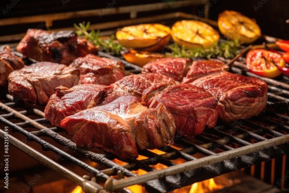 a selection of immaculately cooked meats on a churrasco grill
