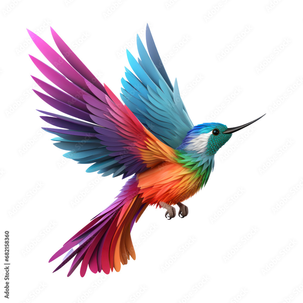 Fototapeta premium tiny, hummingbird-like creature with vibrant plumage and a rapid flutter, on an isolated white background.
