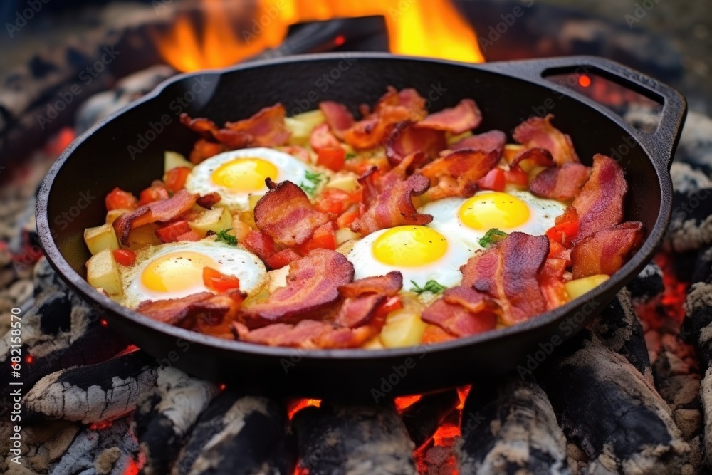 sizzling bacon and fried eggs in a skillet over fire sizzling bacon and fried eggs in a skillet over fire