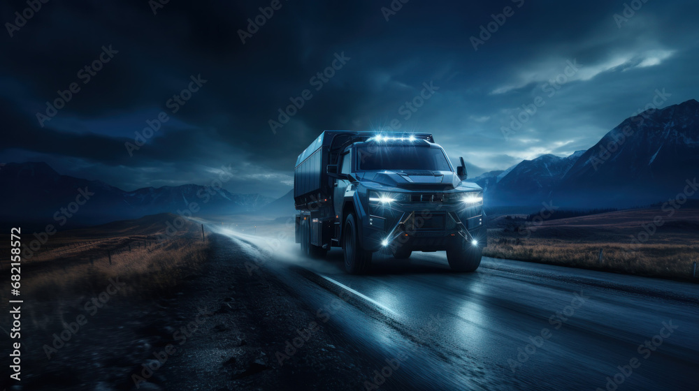 A cybertruck car driving on a deserted road at night