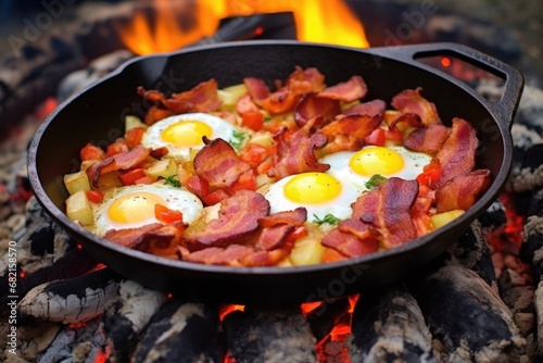 sizzling bacon and fried eggs in a skillet over fire