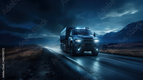 A cybertruck car driving on a deserted road at night photo