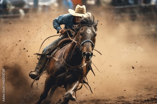 Cowboy Rides Bucking Bronco Horse In Dusty Rodeo Arena. Сoncept Wild West Adventures, Rodeo Spectacle, Cowboy Lifestyle, Thrilling Horseback Riding, Dusty Arena Action