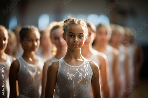 Portrait of african american adorable little ballerina, with other girls practicing ballet in studio, rehearsal befor performance in dance suits.