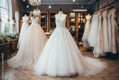 Elegant Wedding Dresses Showcased In Shop. Сoncept Breathtaking Bridal Gowns, Luxurious Wedding Dresses, Designer Dress Collection, Wedding Dress Shopping Experience, Glamorous Bridal Fashion