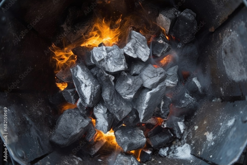 top view of burning charcoals inside a chimney starter on concrete