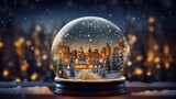 Close up of a snow globe with a cityscape of downtown Kyiv in Ukraine. City at night with snow on the ground and background with bokeh effect. Concept of winter, holiday season and Christmas.