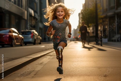 Girl With Prosthetic Arm And Legs Running In The City