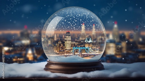 Close up of a snow globe with a cityscape of downtown London. City at night with snow on the ground and background with bokeh effect. Concept of winter  holiday season and Christmas.