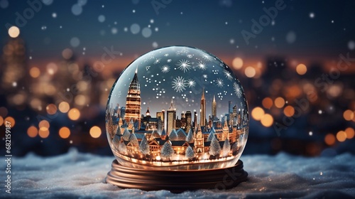 Close up of a snow globe with a cityscape of downtown London. City at night with snow on the ground and background with bokeh effect. Concept of winter, holiday season and Christmas.