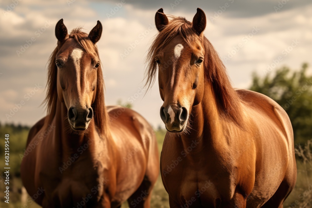 Obraz premium Lovely Horse Duo On Green Farm Background