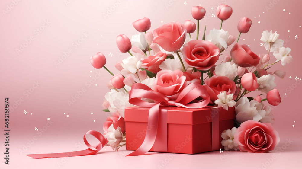 Gift box and Valentine's Day flowers vector with background