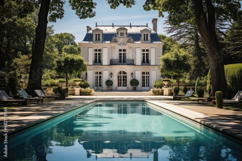 Luxurious French Mansion With Pool And Garden. Сoncept Grand Victorian Manor With Ornate Architecture, Vintage Elegance, Lavish Interior Design, Expansive Landscape Gardens