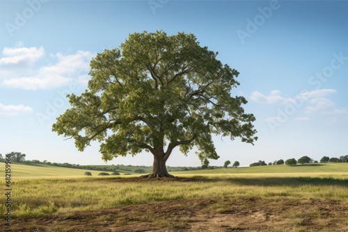 Lonely Oak Tree Stands Tall In Field