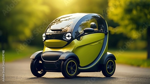 Small green electric micro car. Modern eco-friendly vehicle. Tiny and funny eco transport on nature background with copy space for message