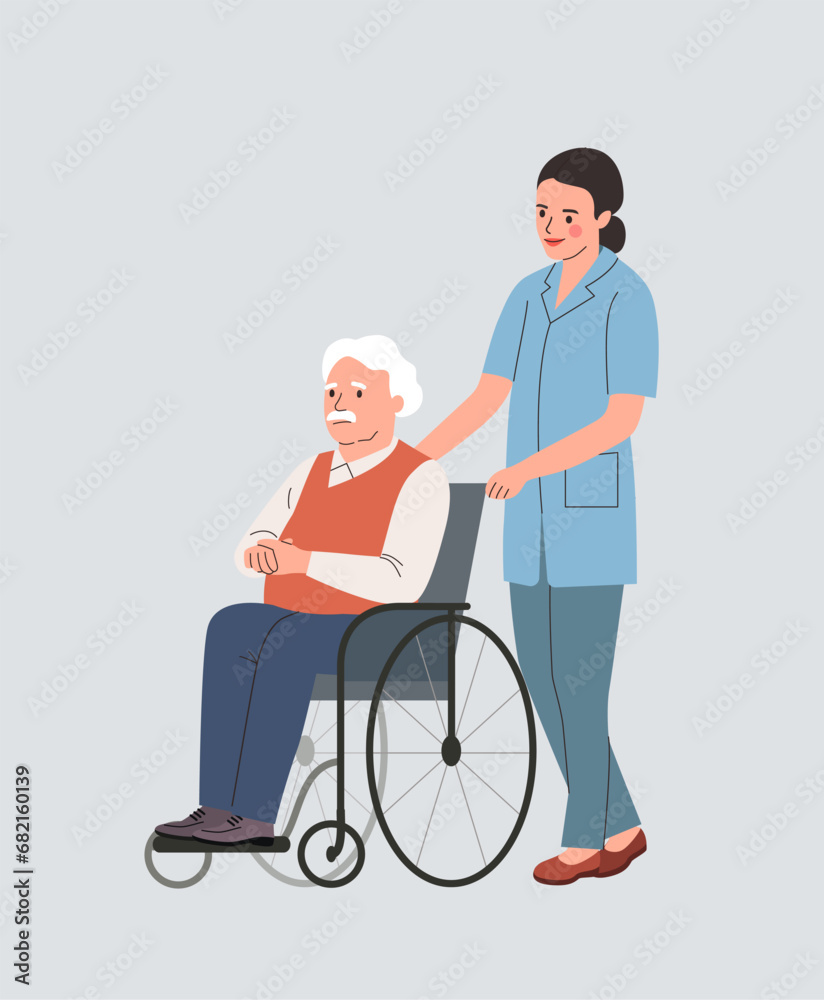 Nurse strolling with elderly man in wheelchair. Vector flat style illustration Nurse strolling with elderly man in wheelchair. Vector flat style illustration