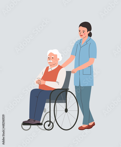 Nurse strolling with elderly man in wheelchair. Vector flat style illustration