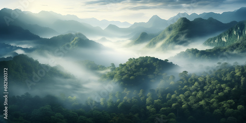 mysterious misty valley with tropical rainforest, natural forest landscape