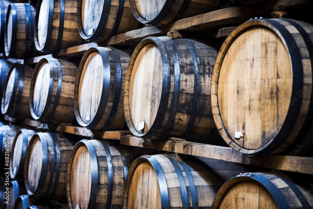 close-up of whiskey aging barrels stacked high