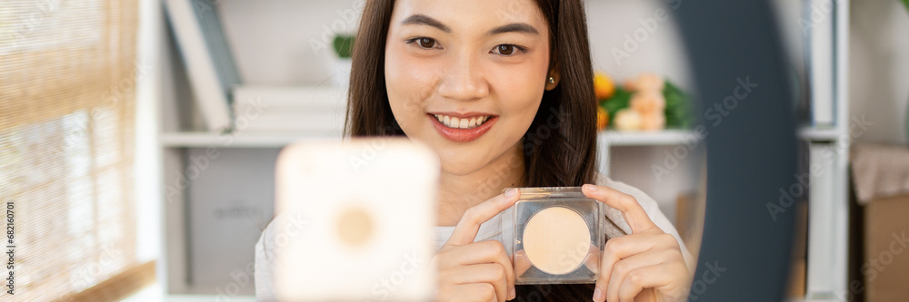 Beautiful women with social media influences recommend products and make-up accessories to be more beautiful, Recording vlog video live streaming, Online business of beauty bloggers. Beautiful women with social media influences recommend products and make-up accessories to be more beautiful, Recording vlog video live streaming, Online business of beauty bloggers.