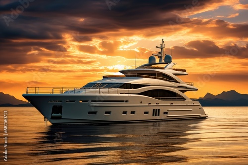 Luxury Yacht At Sunset, Epitome Of Opulent Seafaring © Anastasiia