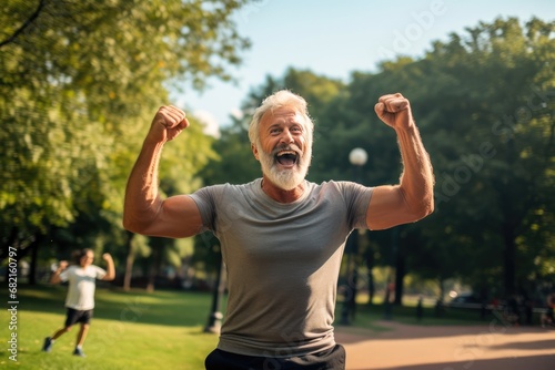 Middleaged Man Cheering While Exercising In Park