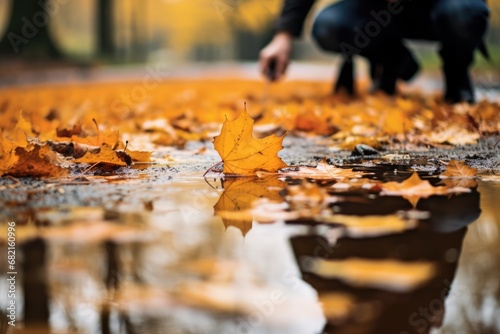 Person Tending To Fallen Leaves In Autumn