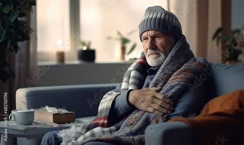 An elderly man in a hat and blanket looks tired and is freezing on the sofa in the apartment. The concept of heating and the cost of housing and communal services. photo