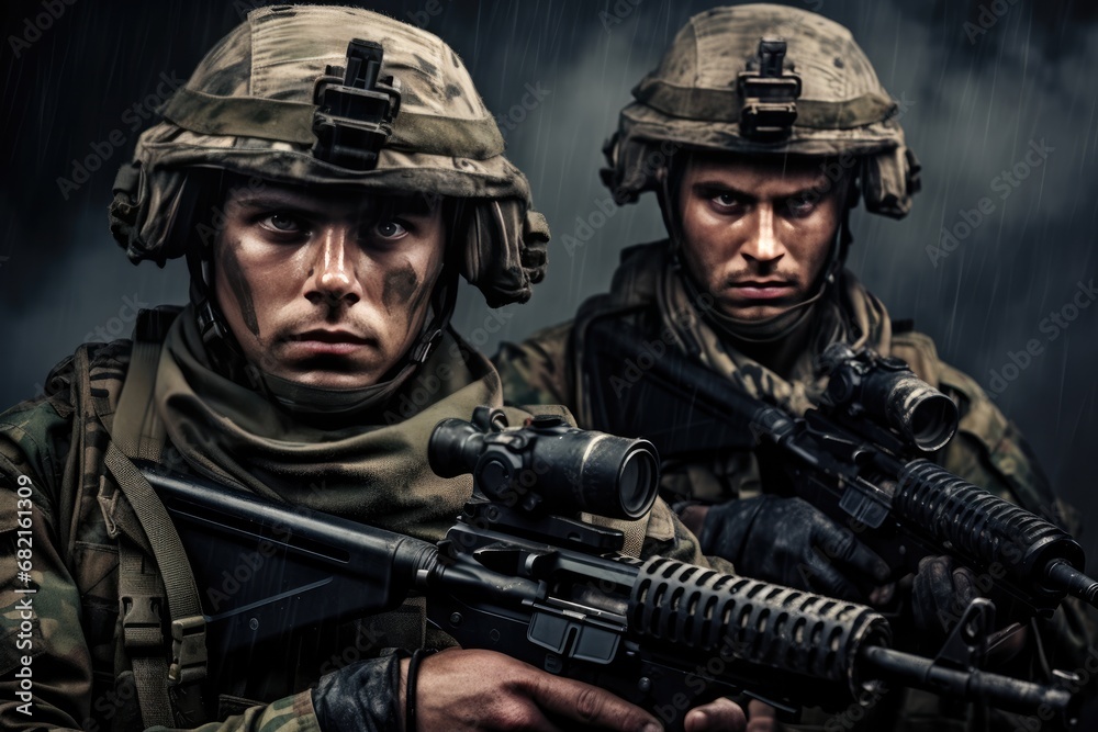 Portrait Of Soldiers Geared Up With Modern Ammunition Portrait Of Soldiers Geared Up With Modern Ammunition