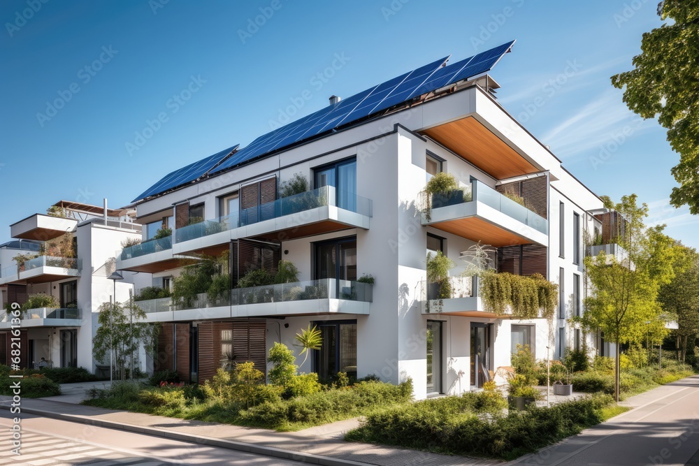 Residential Building With Solar Panels On Balcony Roofs