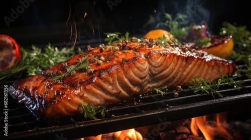 Delicious grilled salmon with vegetable topping, black and blurred background © GradPlanet