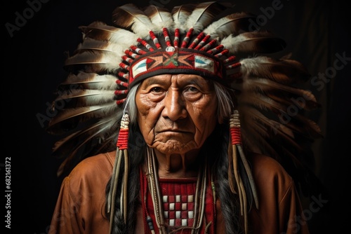 Portrait Of Native American Apache Chief With Headdress